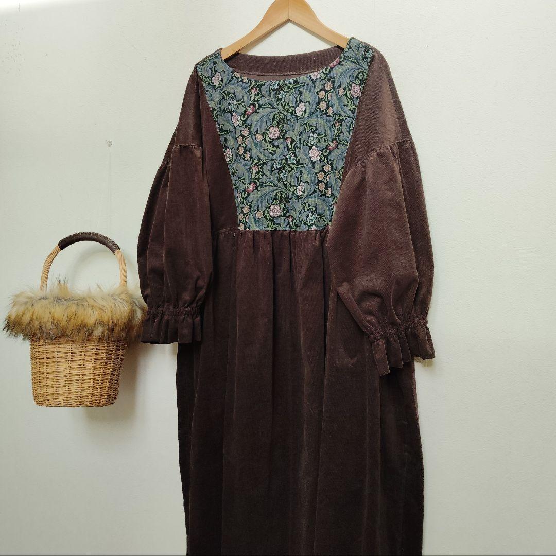 handmadeウィリアムモリス✕コーデュロイ茶ワンピース長袖free