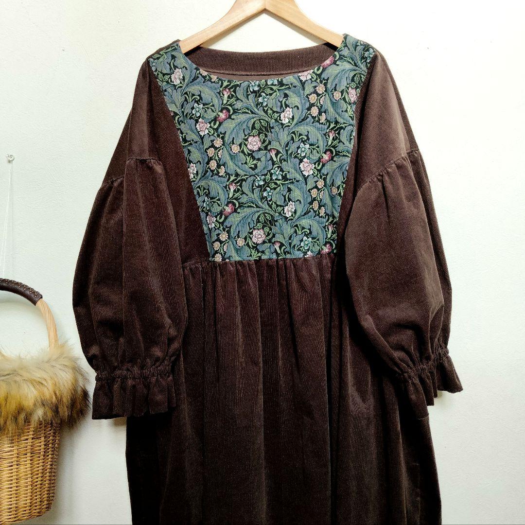 handmadeウィリアムモリス✕コーデュロイ茶ワンピース長袖free