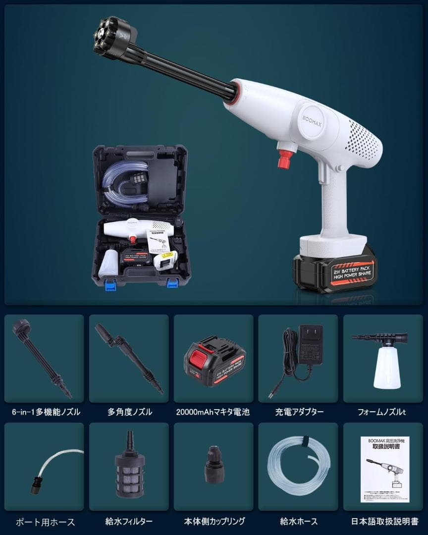 高圧洗浄機 コードレス BOOMAX 充電式 8MPa圧力 4000mAh