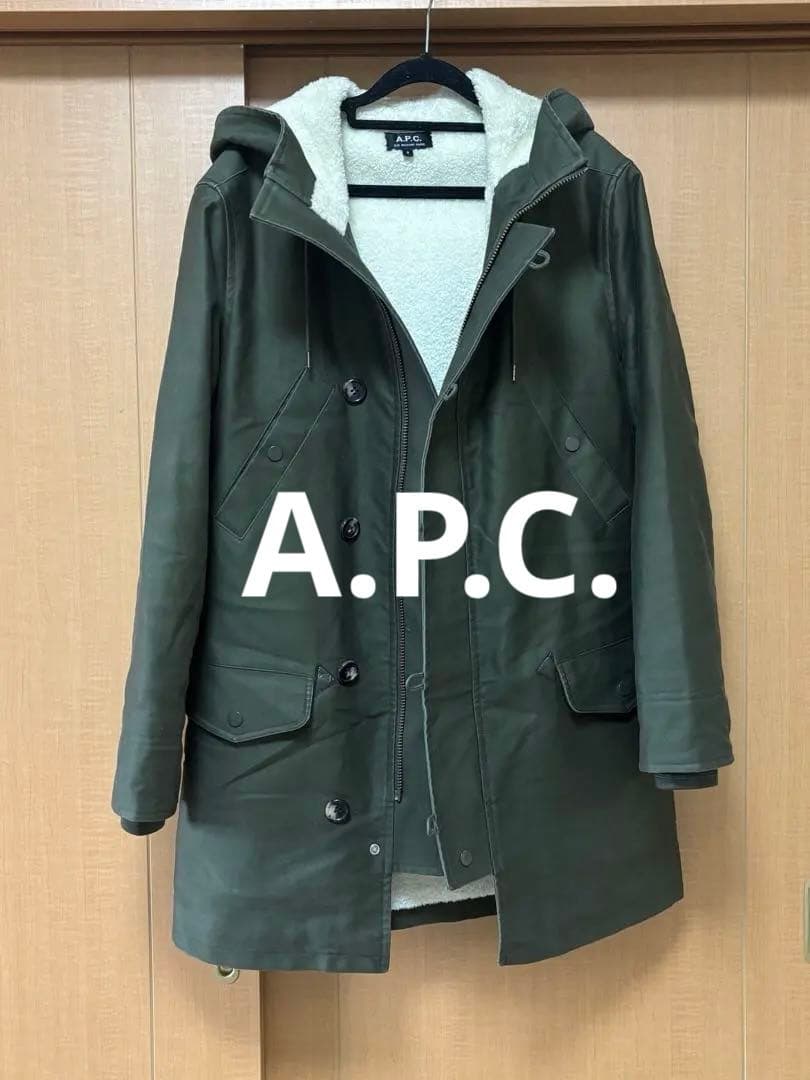 【ユニセックス】A.P.C. フーデッドコート S カーキ ボアライナー付き防寒