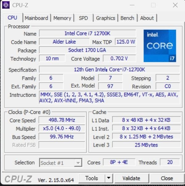 Intel Core i7 12700K BOX 動作確認済み