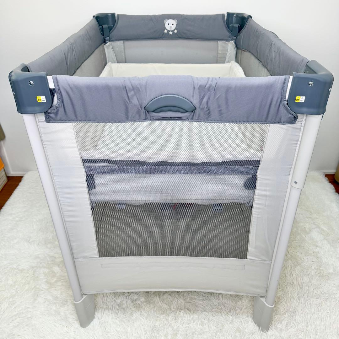 美品 Aprica ココネルエアーAB ベビーベッド 折りたたみ グレーベア