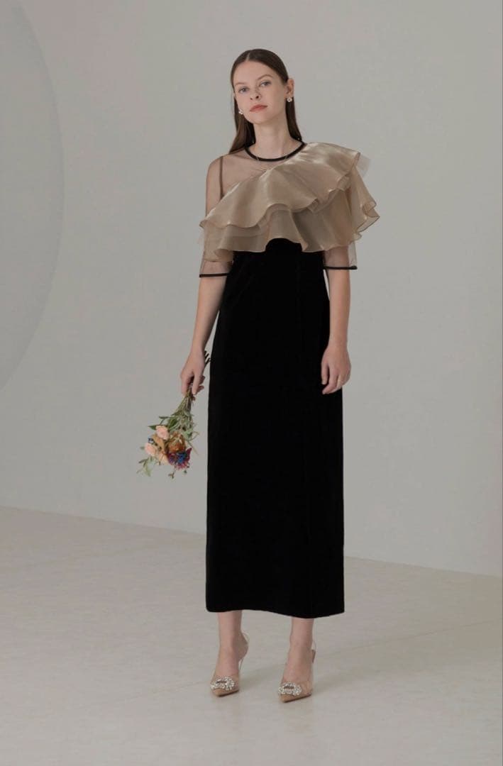 【ぽっちゃま】アシンメトリーティアードフリル3WAYベロアIラインドレス