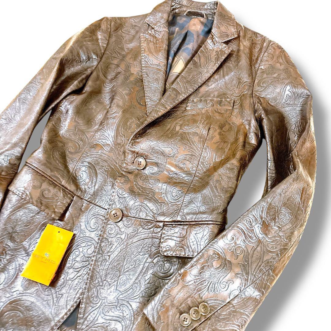 美品 ETRO 牛革 レザー テーラードジャケット ペイズリー エンボス加工