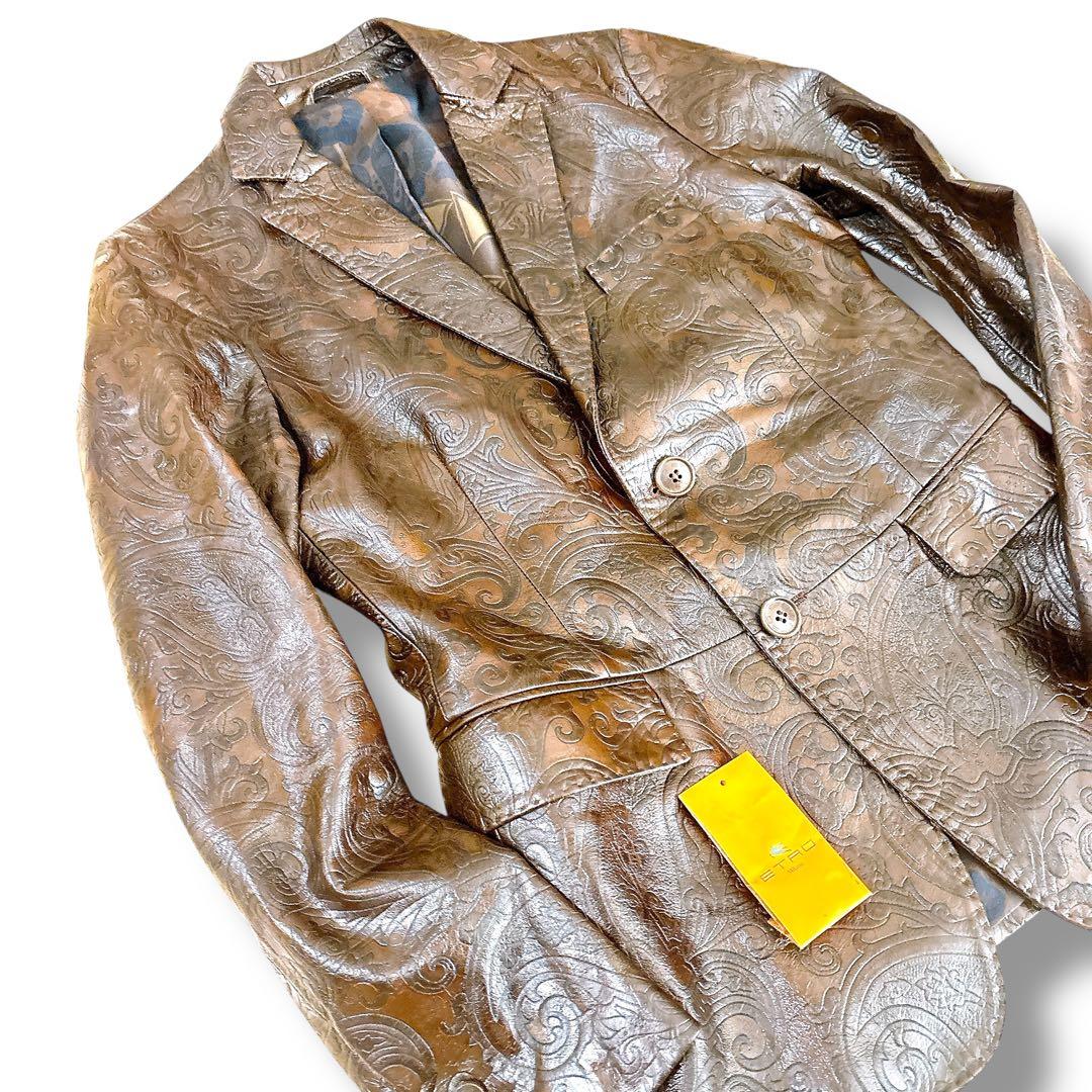 美品 ETRO 牛革 レザー テーラードジャケット ペイズリー エンボス加工