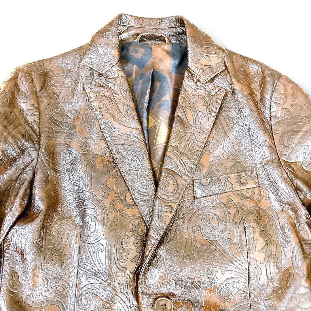 美品 ETRO 牛革 レザー テーラードジャケット ペイズリー エンボス加工