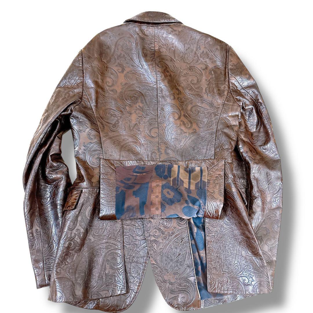 美品 ETRO 牛革 レザー テーラードジャケット ペイズリー エンボス加工
