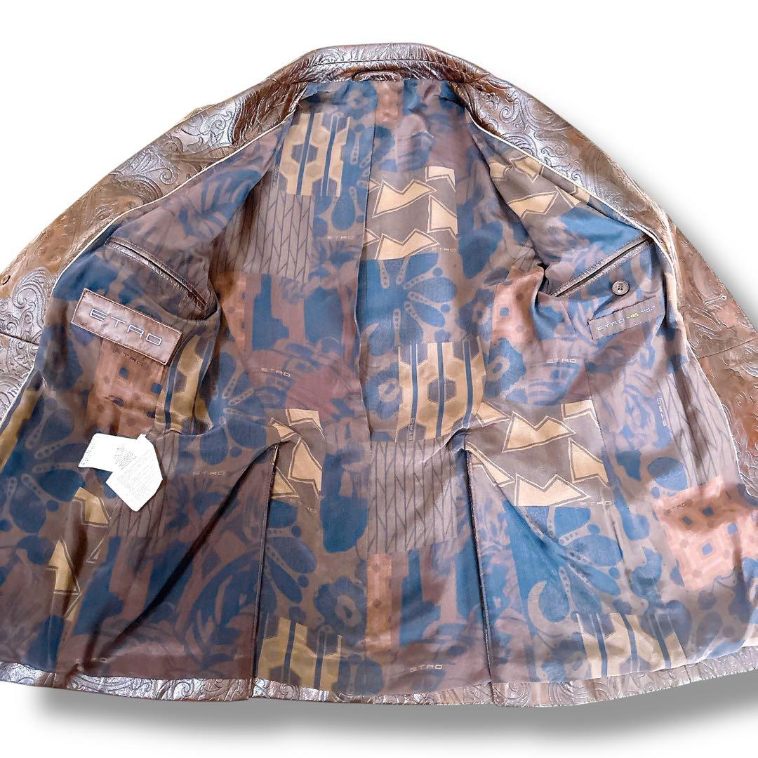 美品 ETRO 牛革 レザー テーラードジャケット ペイズリー エンボス加工