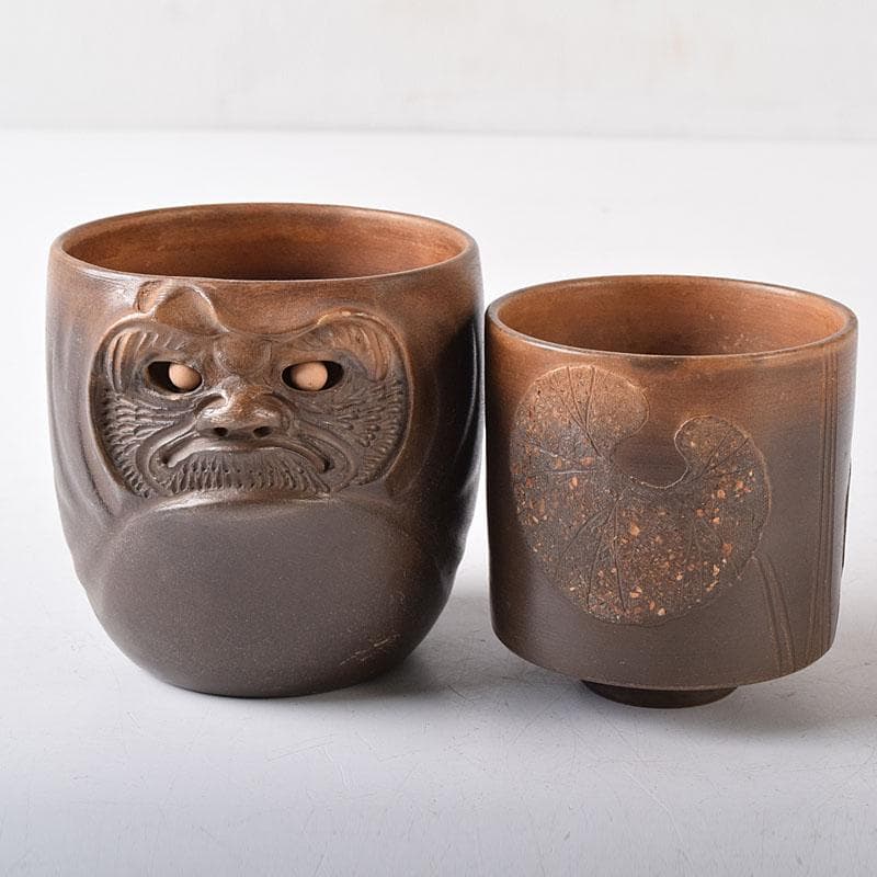 煎茶道具　秋田焼　奥田道遊造　からくり　蛙急須　だるま湯呑　3点　M　7679