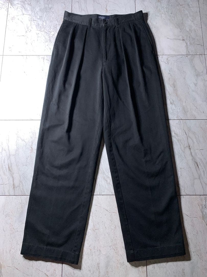90s ラルフローレン 2タック ワイド ポロチノ パンツ ブラック W30