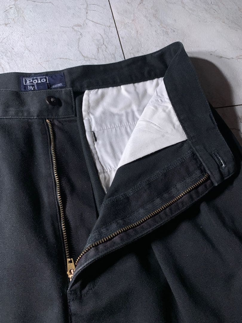 90s ラルフローレン 2タック ワイド ポロチノ パンツ ブラック W30