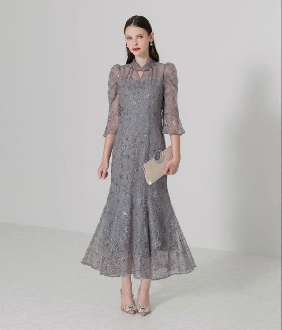 lejaスパンコール花柄刺繍ソフトパフスリーブマーメイドラインドレスワンピース