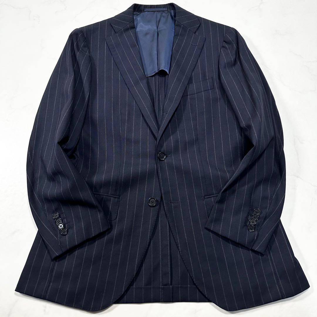 極美品◎ブリッラ ワイドストライプ ウールテーラードジャケット 本切羽 紺 44