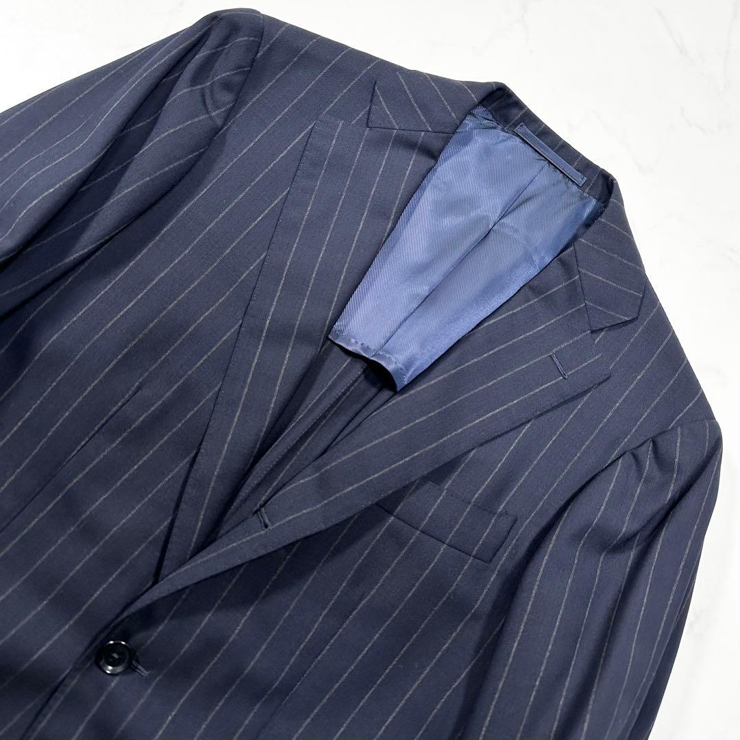 極美品◎ブリッラ ワイドストライプ ウールテーラードジャケット 本切羽 紺 44