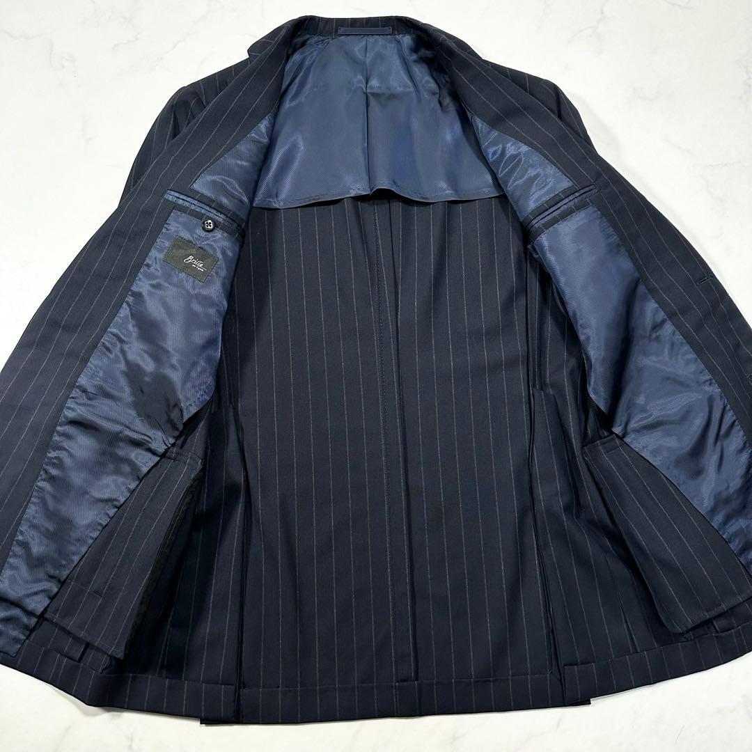 極美品◎ブリッラ ワイドストライプ ウールテーラードジャケット 本切羽 紺 44
