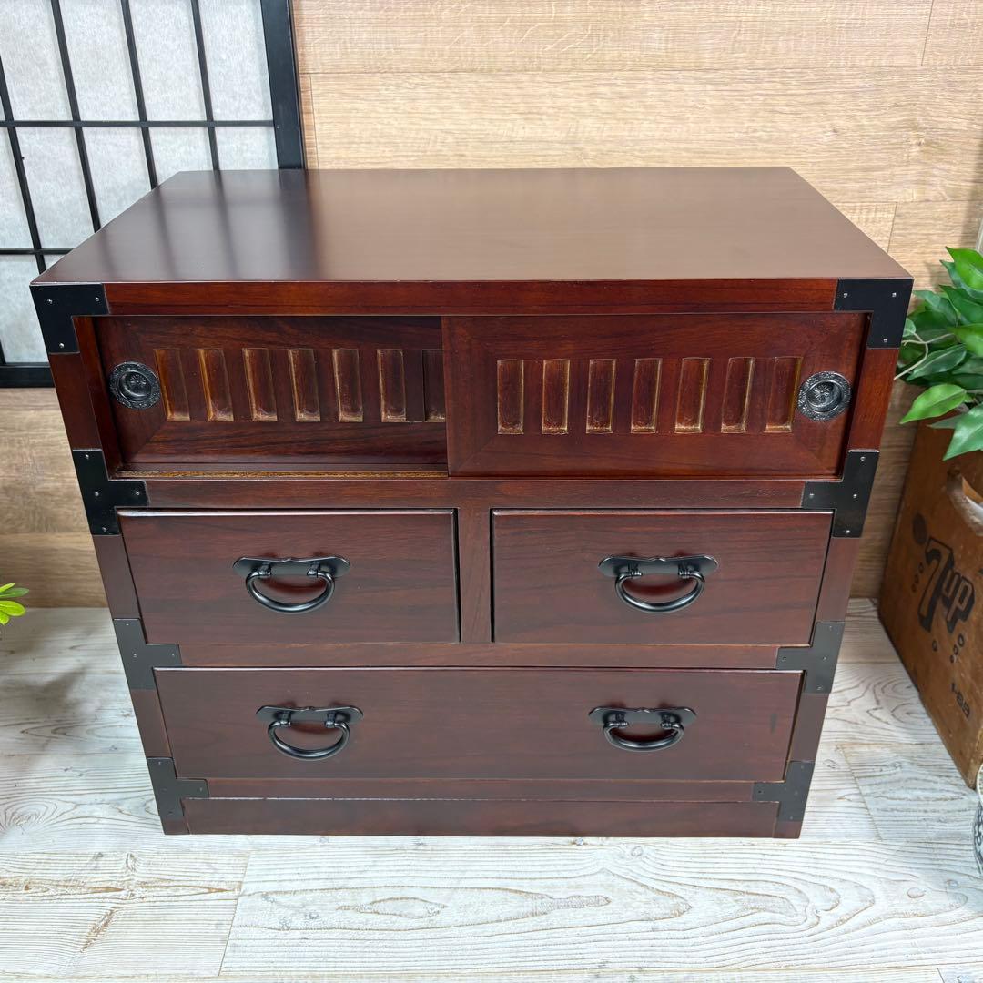 訳あり品！【115】民芸木製桐材天然無垢和箪笥引き戸付き収納家具和タンス飾り棚