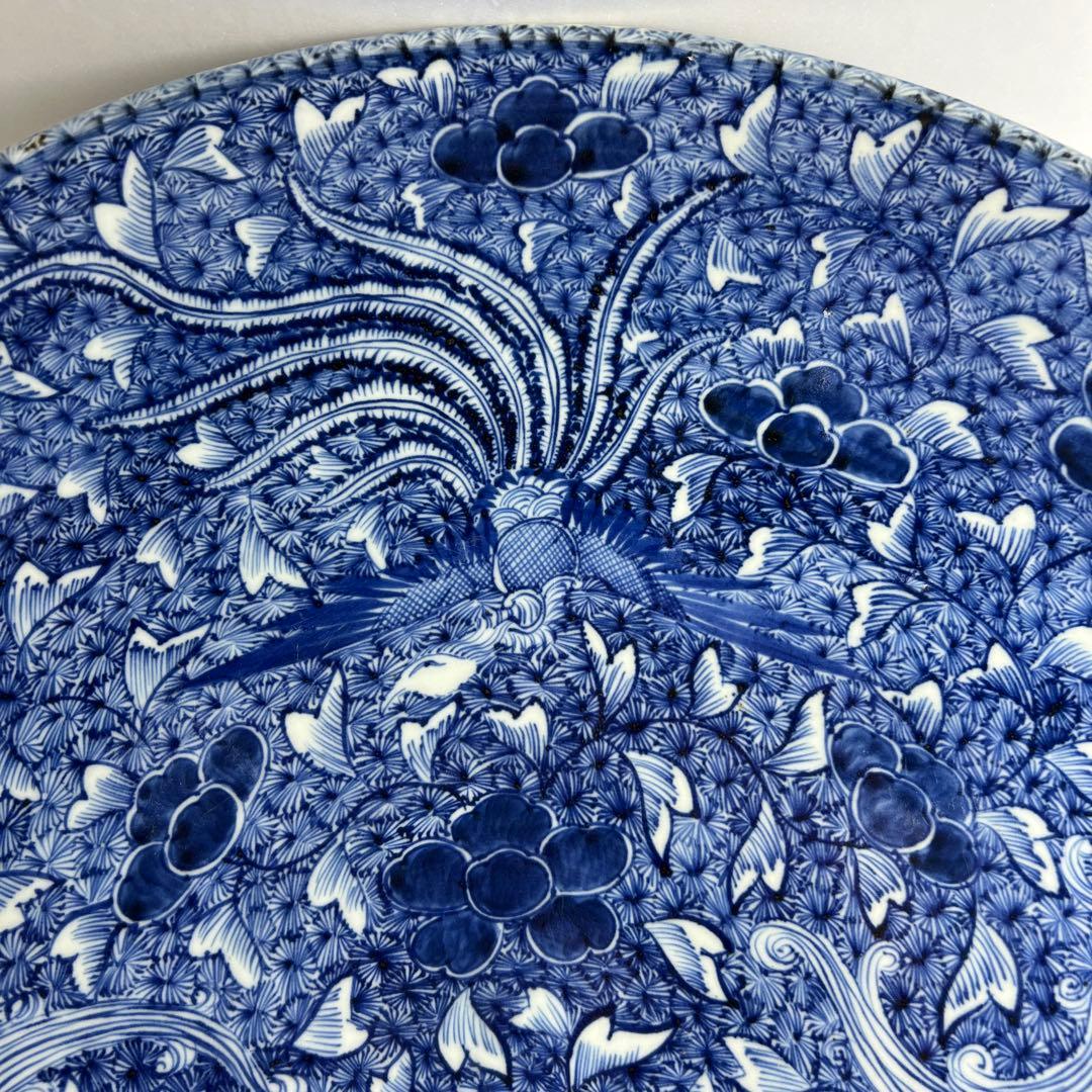 江戸中後期　古伊万里　極美品　染付鳳凰文大皿　約46.5㎝東Y7-1212☆2F