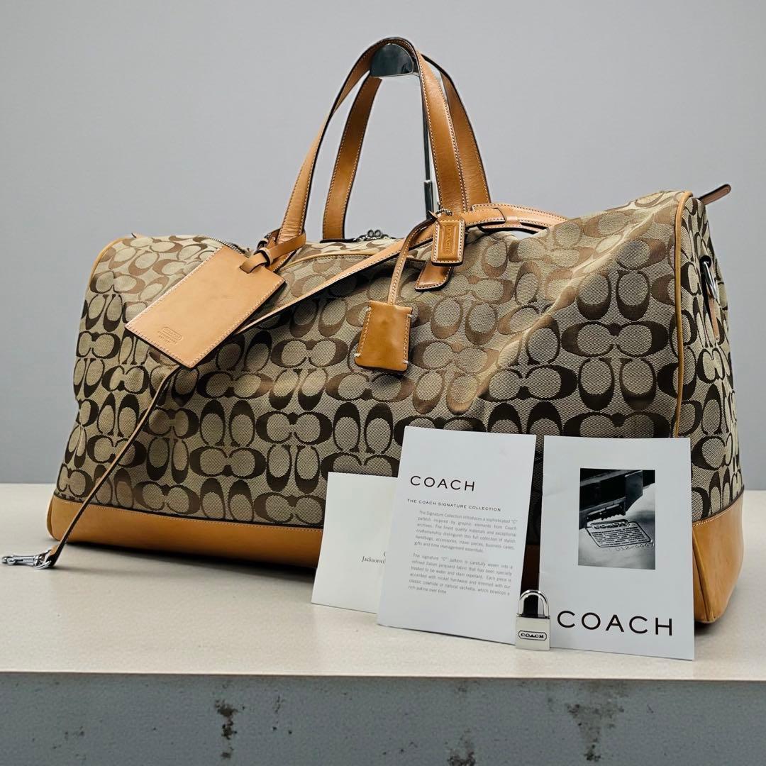 レア コーチ ボストンバッグ 2way シグネチャー ベージュ 大容量 南京錠