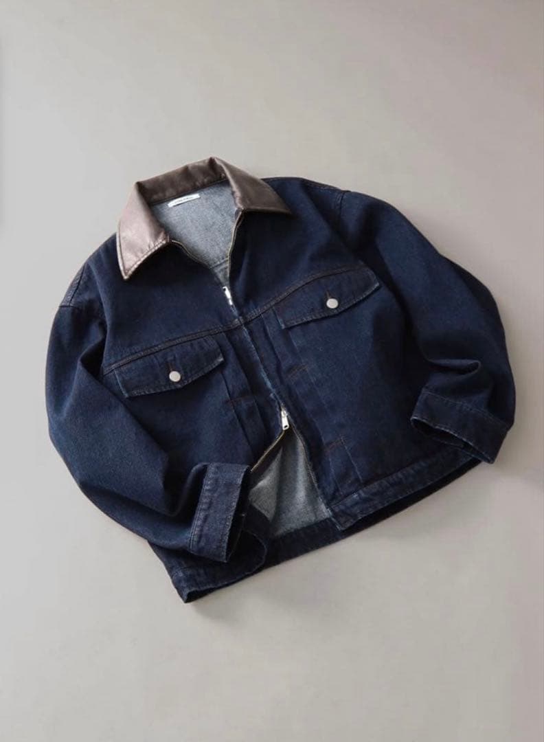 【LURAKU】襟レザージップアップデニムジャケット ネイビー M