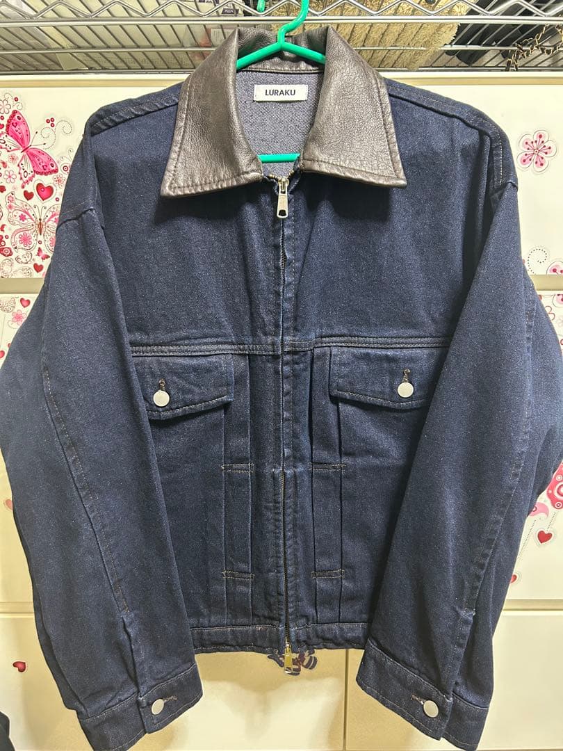 【LURAKU】襟レザージップアップデニムジャケット ネイビー M