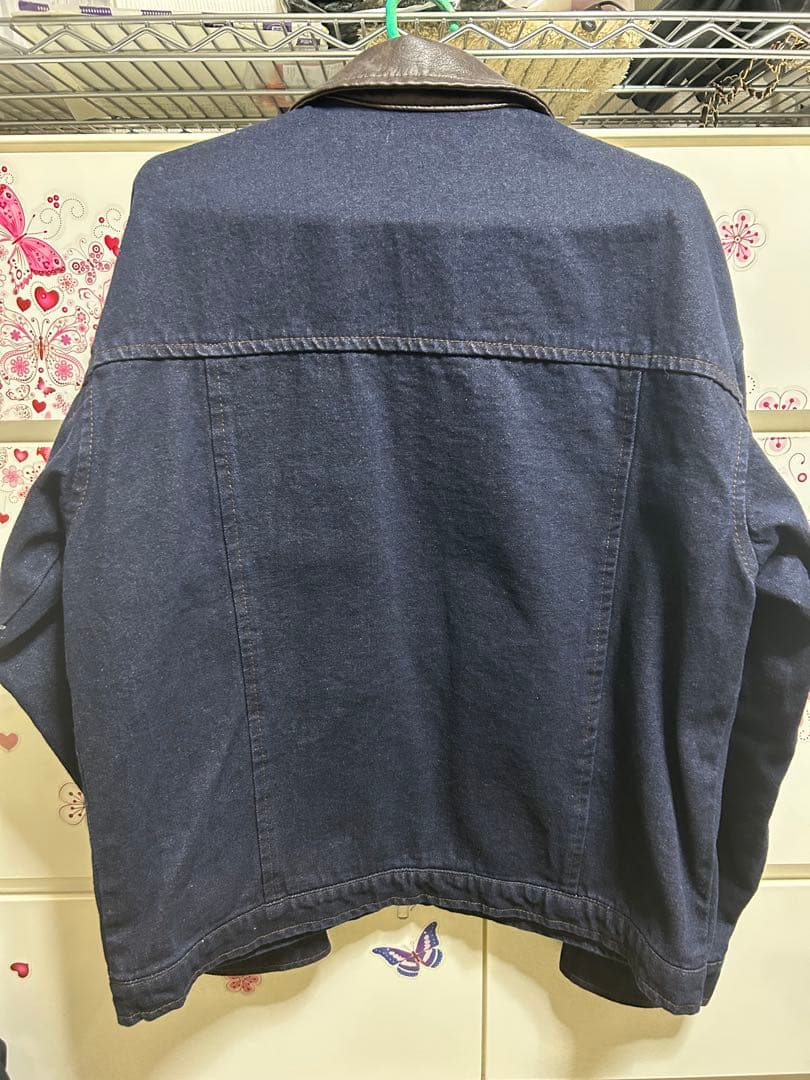 【LURAKU】襟レザージップアップデニムジャケット ネイビー M