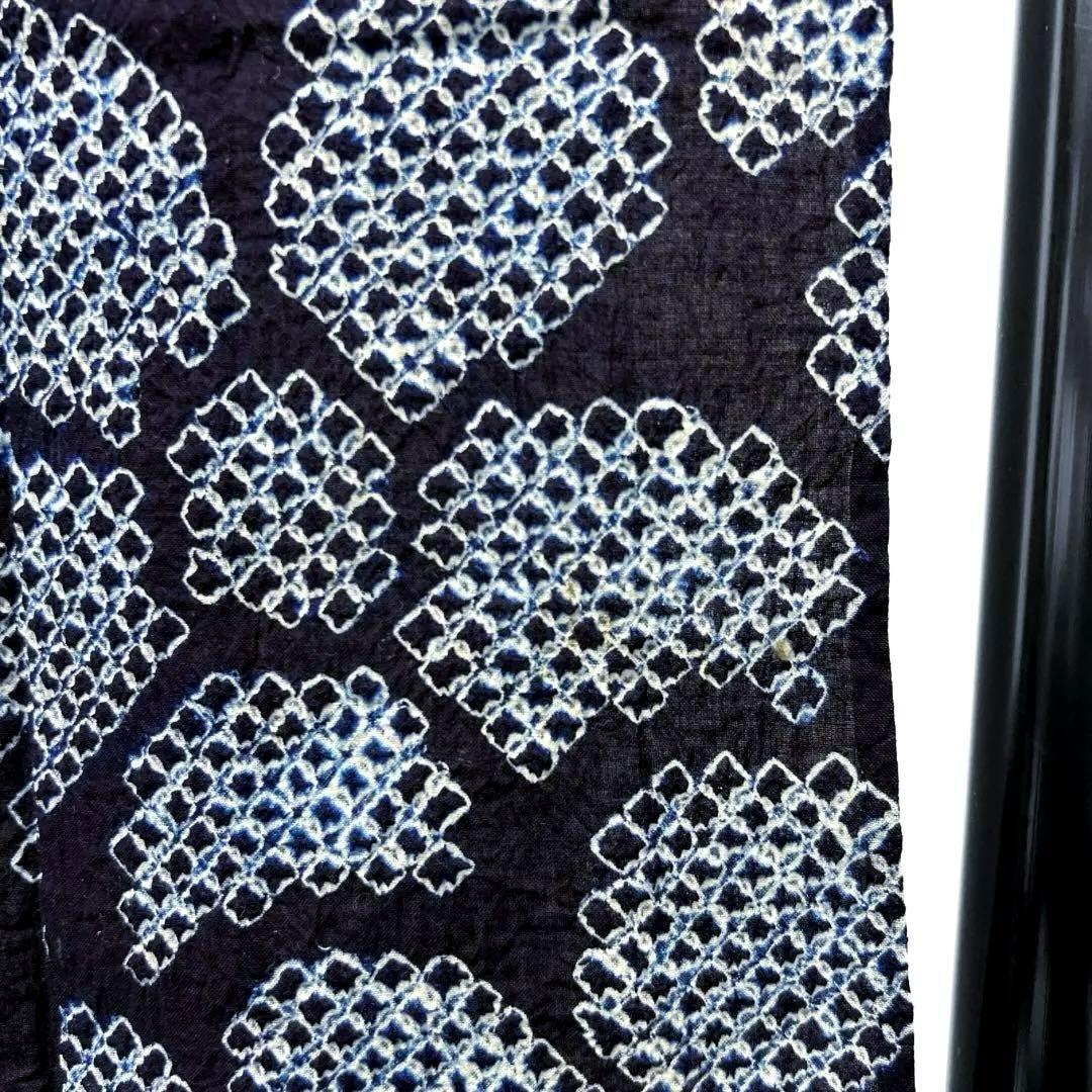 浴衣　有松鳴海絞り　花模様　ネイビー系　着物　054w d