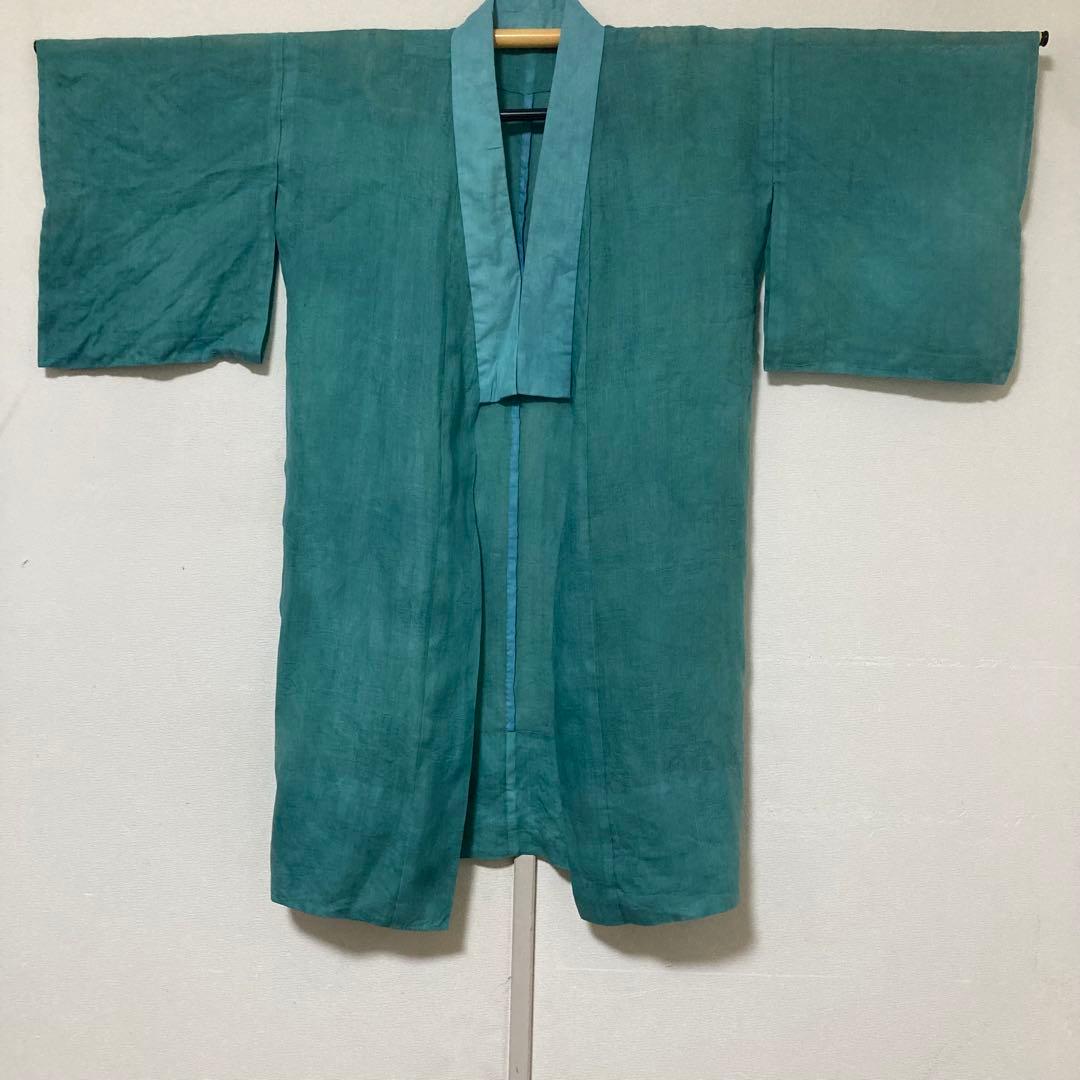 本麻　洗える長襦袢　カラー襦袢　エメラルドグリーン　楓模様　リサイクル　管理tn