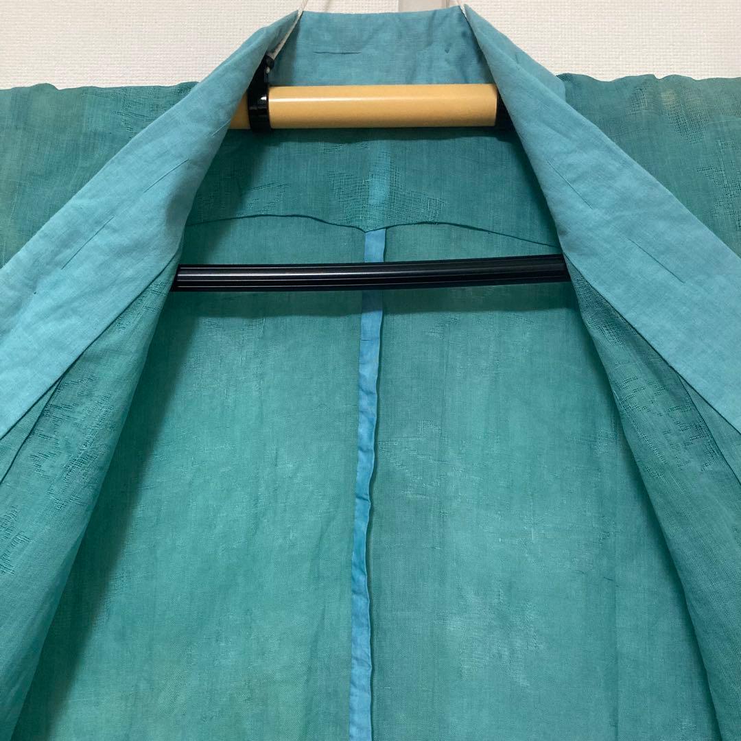 本麻　洗える長襦袢　カラー襦袢　エメラルドグリーン　楓模様　リサイクル　管理tn
