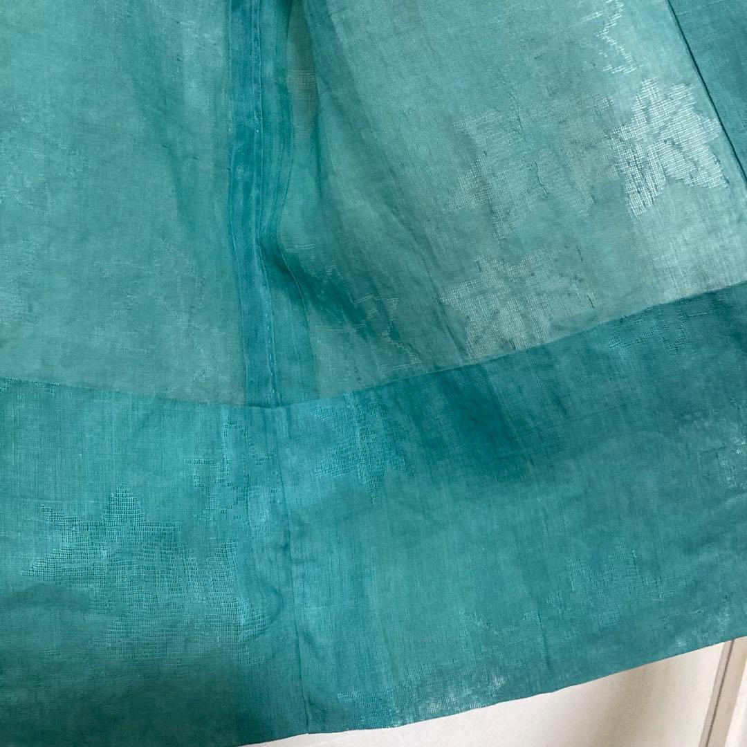 本麻　洗える長襦袢　カラー襦袢　エメラルドグリーン　楓模様　リサイクル　管理tn