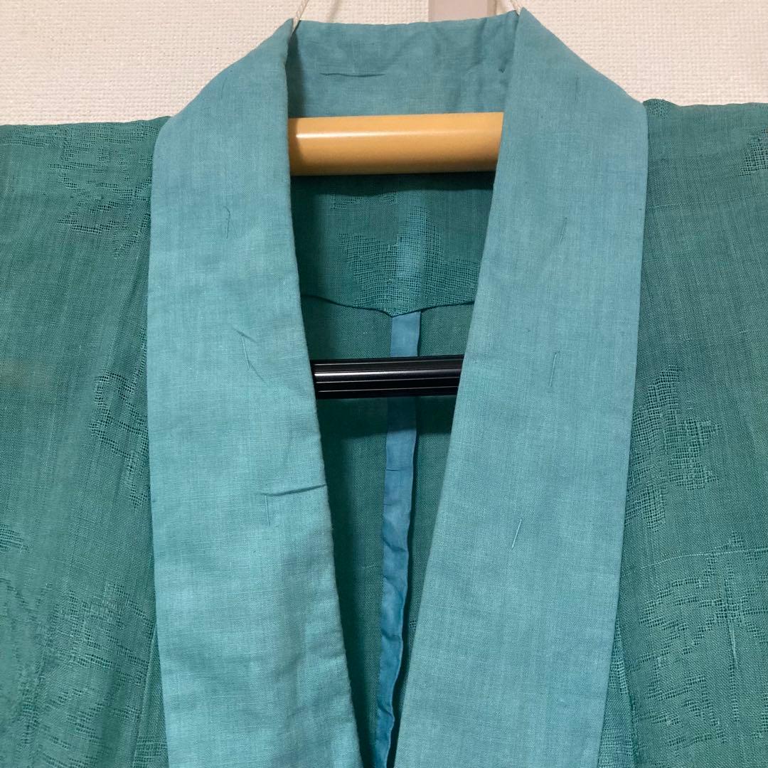 本麻　洗える長襦袢　カラー襦袢　エメラルドグリーン　楓模様　リサイクル　管理tn