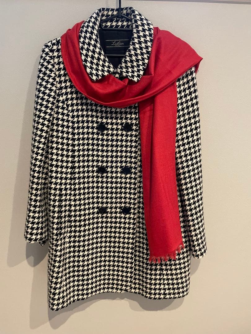 美品11お値下★レリアン上品暖か千鳥格子コート赤いウールスカーフおまけ