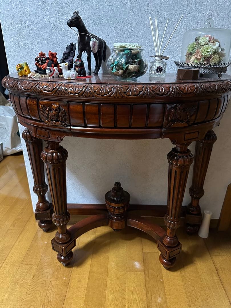 木製彫刻装飾コンソールテーブル 引き出し付き