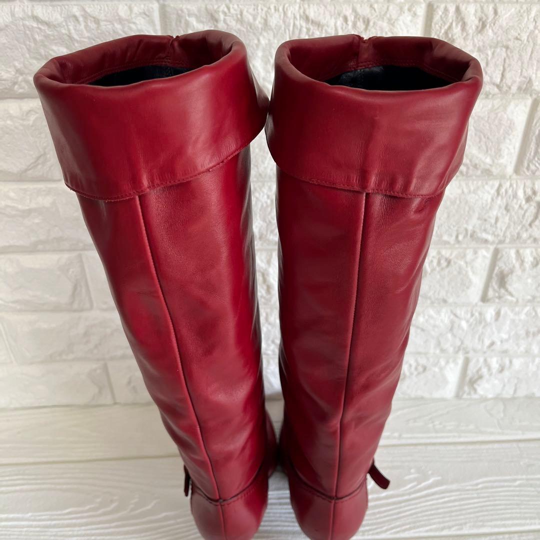 【極美品】Sergio rossiレッド 本革ロング ブーツ 22.5ベルト装飾