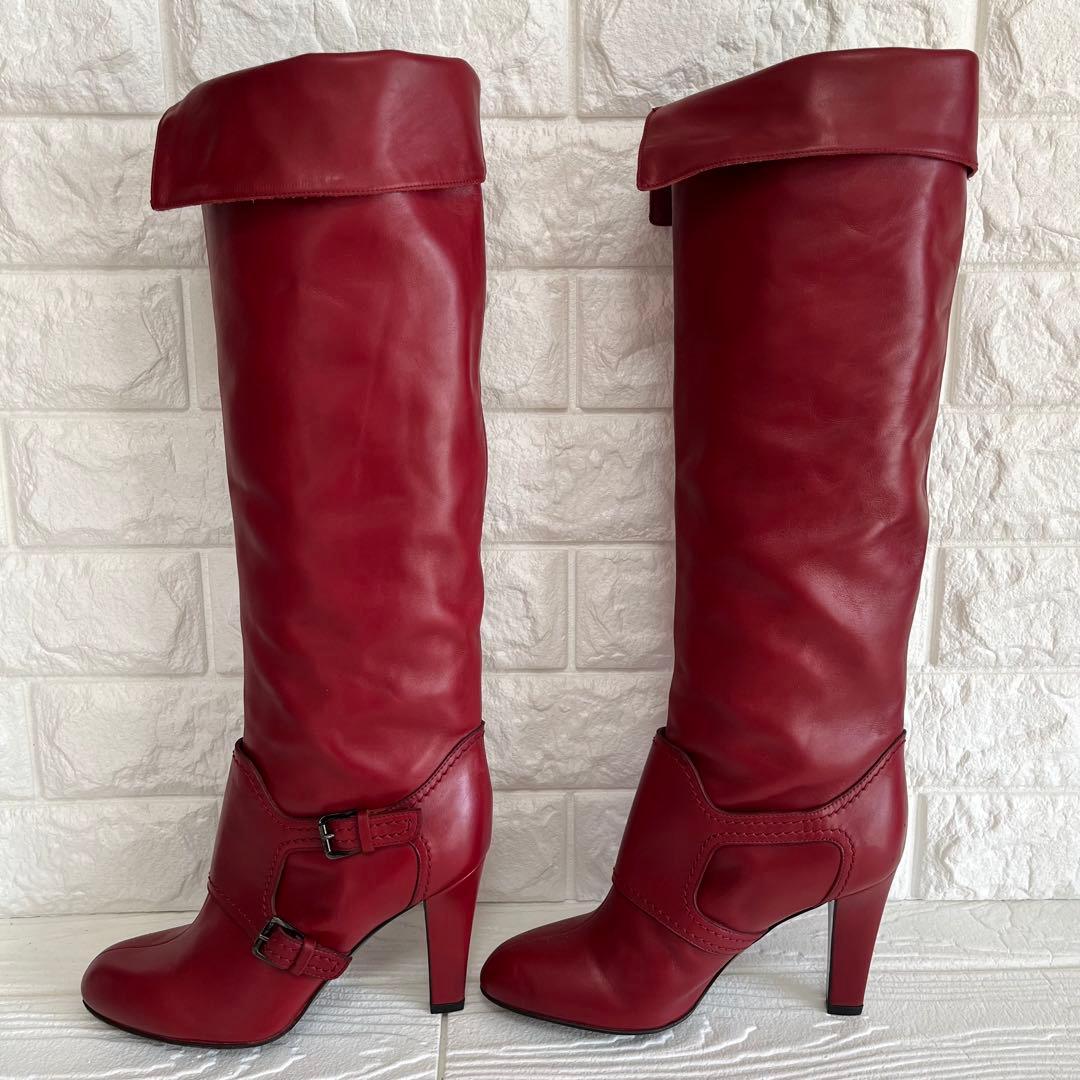 【極美品】Sergio rossiレッド 本革ロング ブーツ 22.5ベルト装飾