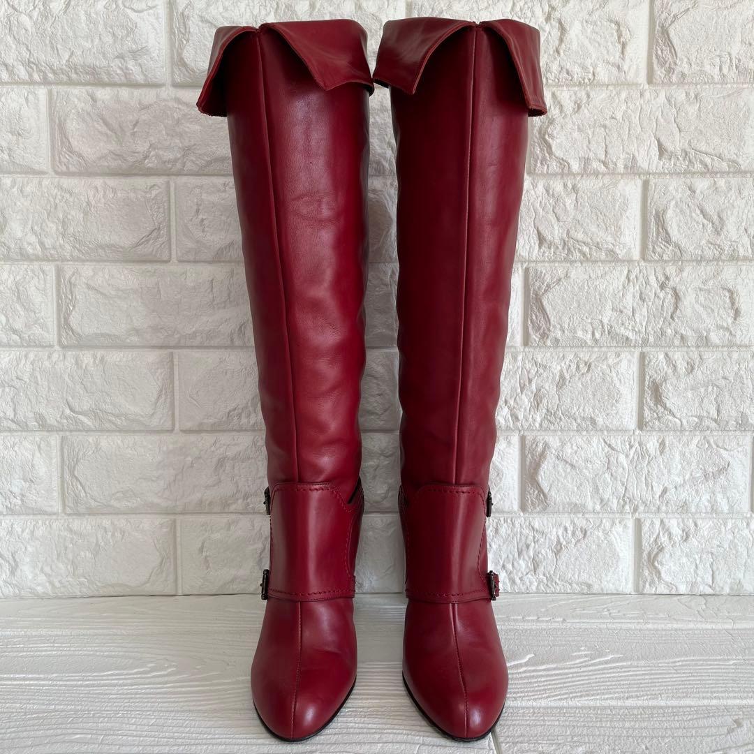 【極美品】Sergio rossiレッド 本革ロング ブーツ 22.5ベルト装飾