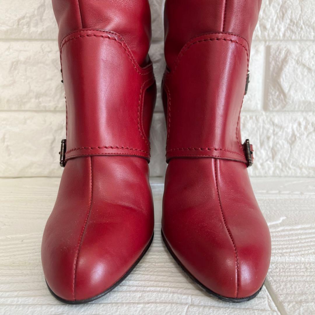【極美品】Sergio rossiレッド 本革ロング ブーツ 22.5ベルト装飾