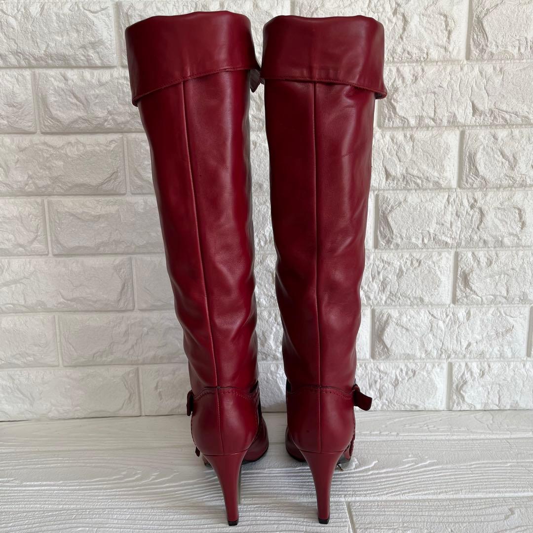 【極美品】Sergio rossiレッド 本革ロング ブーツ 22.5ベルト装飾