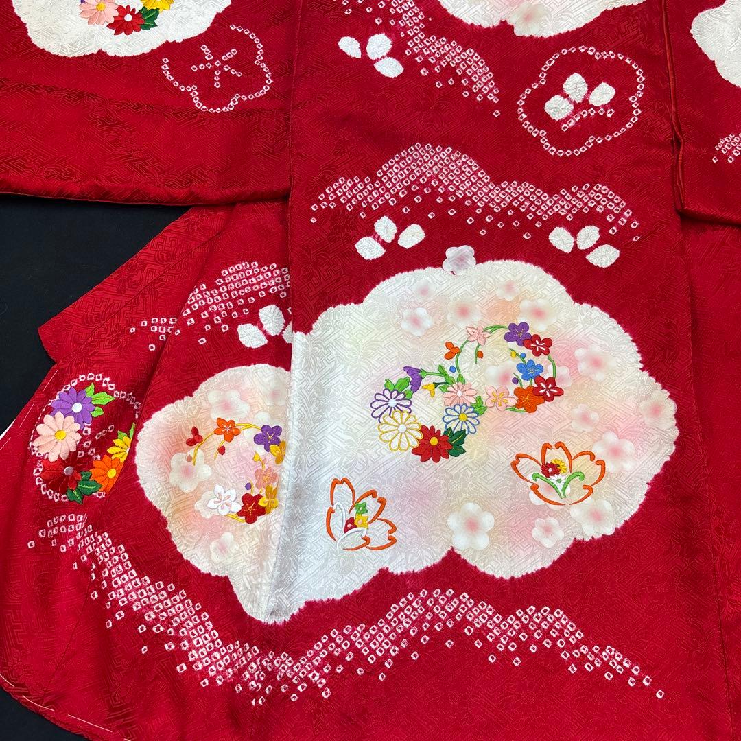 きよみん祝い箱付き絞り染、刺繍美術、桶絞り工芸　新品正絹産着純四季花刺繍文