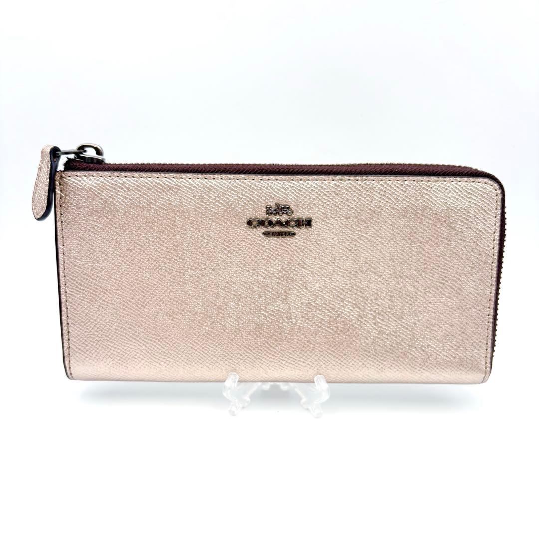 【超美品】COACH コーチ L型ファスナー長財布 メタリック ピンクゴールド