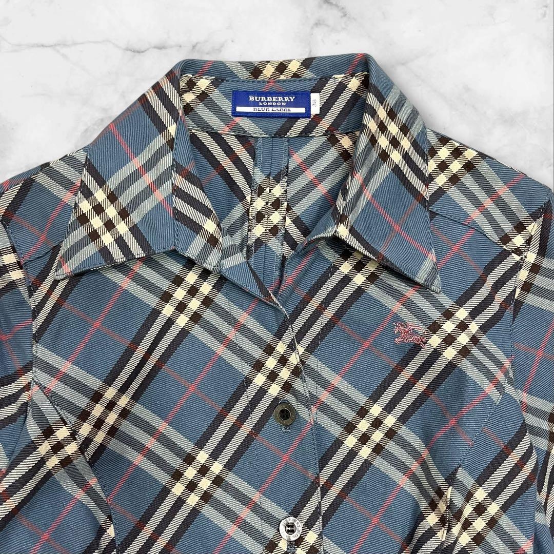 バーバリーブルーレーベルシャツワンピース 38 ブルー ノバチェック ベルト