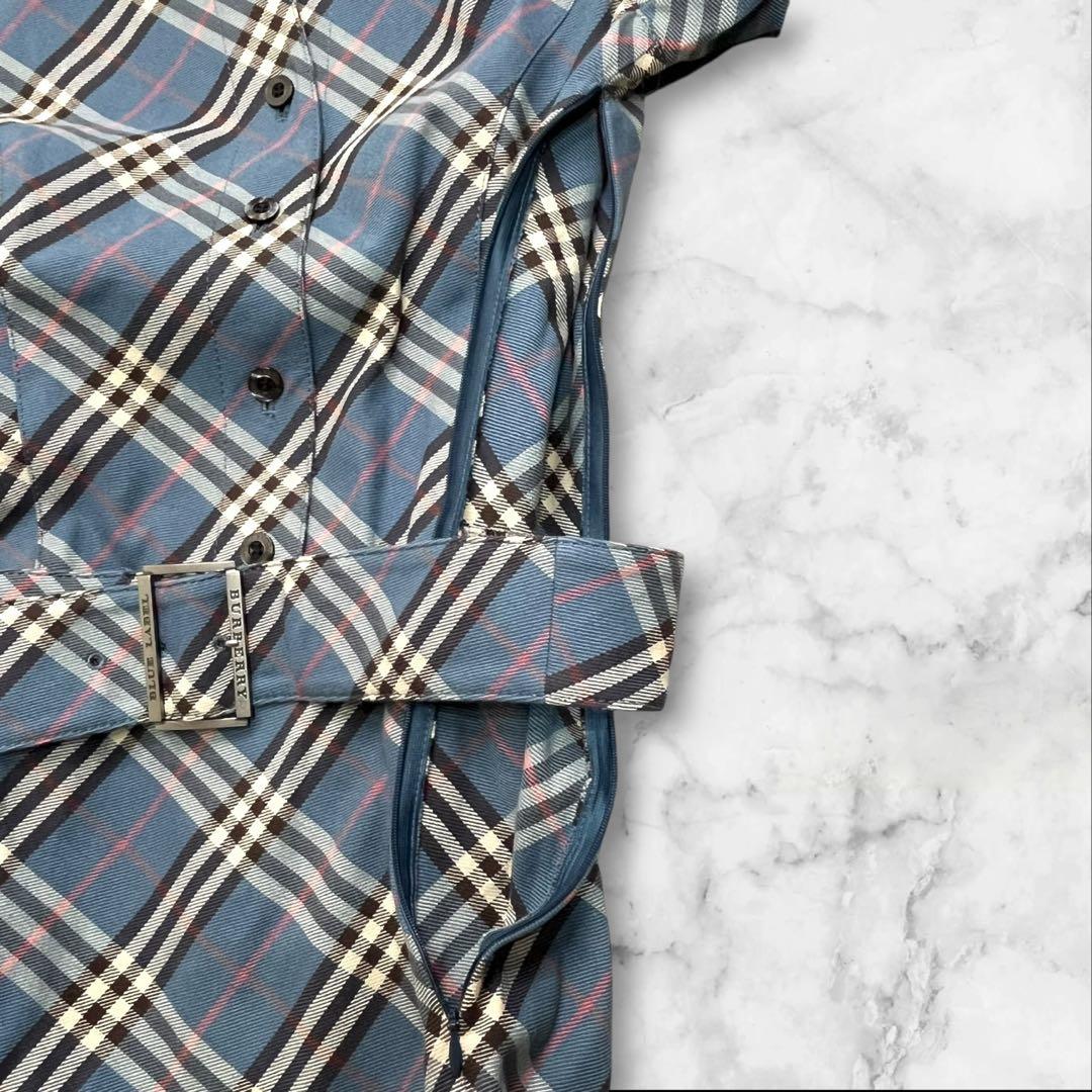 バーバリーブルーレーベルシャツワンピース 38 ブルー ノバチェック ベルト