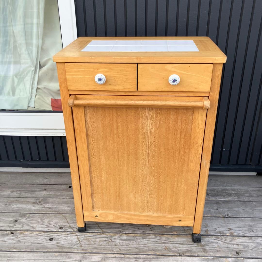 ①北欧レトロ アイリスオーヤマ 木製 タイル張り キッチンワゴン ダストボックス