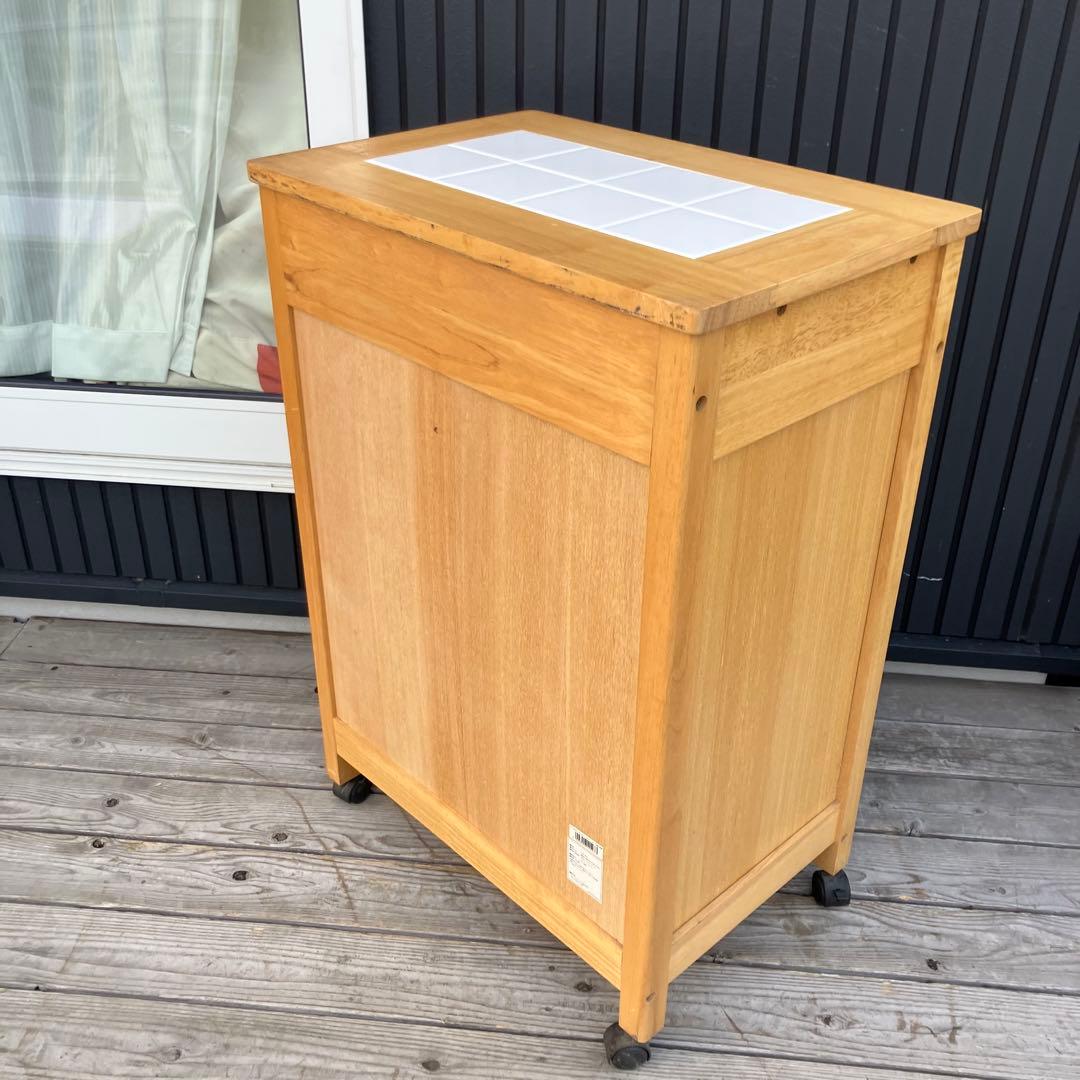 ①北欧レトロ アイリスオーヤマ 木製 タイル張り キッチンワゴン ダストボックス