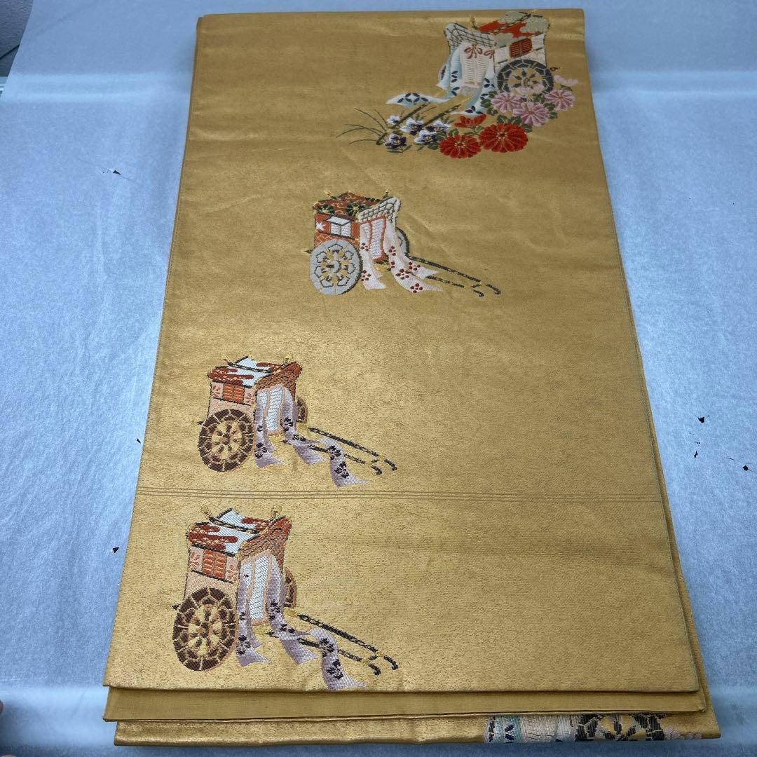【本金箔 高級手織】金色 花車刺繍 正絹六通柄袋帯1224