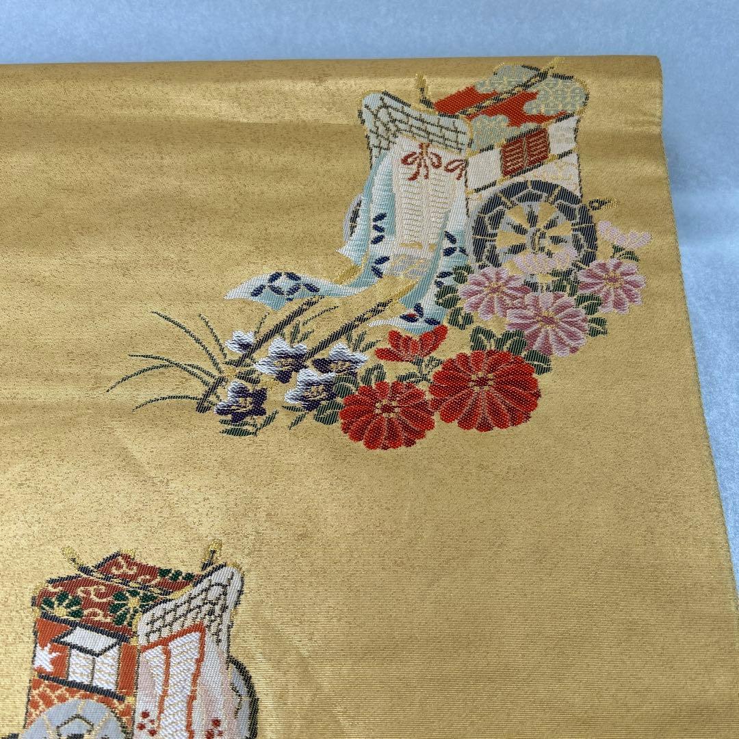 【本金箔 高級手織】金色 花車刺繍 正絹六通柄袋帯1224