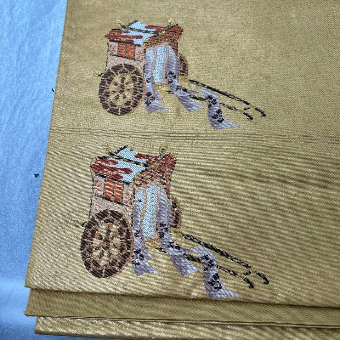 【本金箔 高級手織】金色 花車刺繍 正絹六通柄袋帯1224