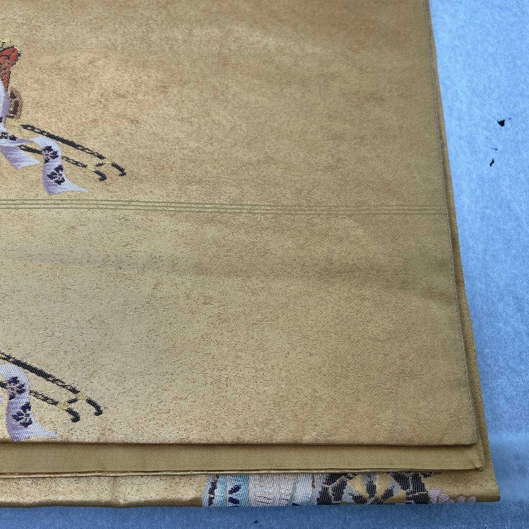 【本金箔 高級手織】金色 花車刺繍 正絹六通柄袋帯1224