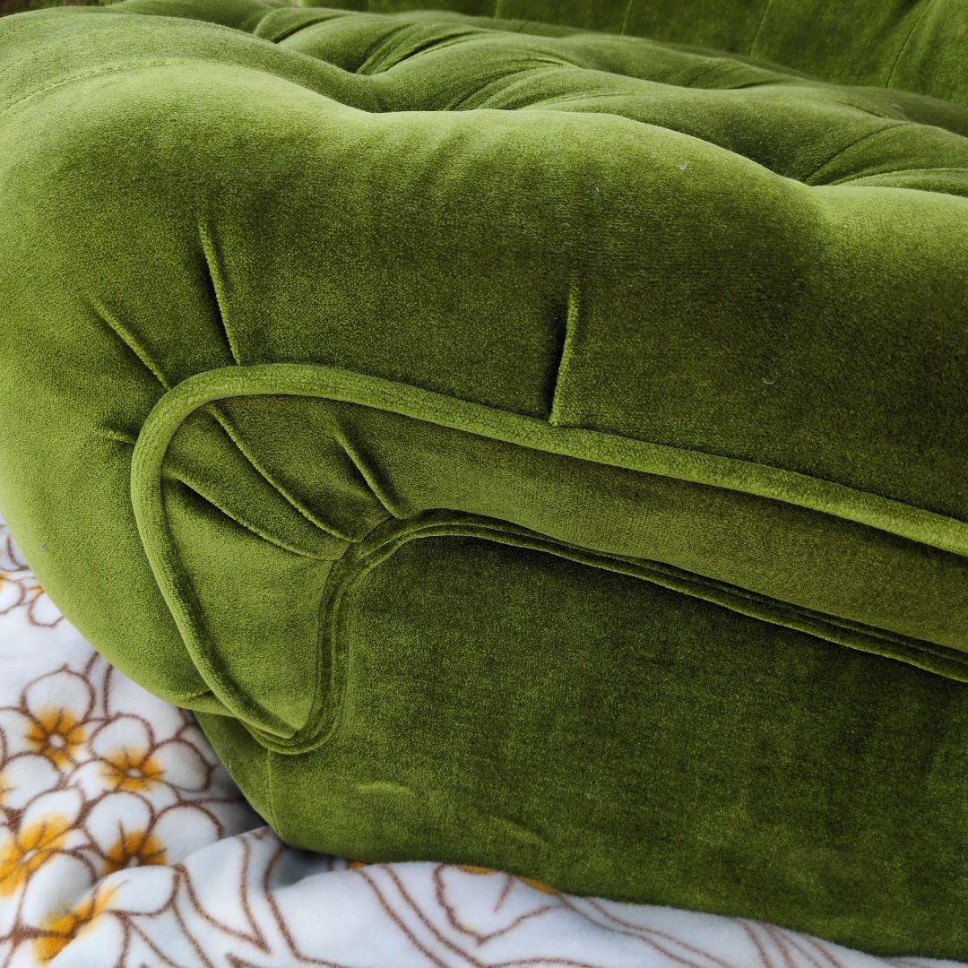 昭和レトロ オールド カリモク グリーン モケット コーナーソファ①ベルベット