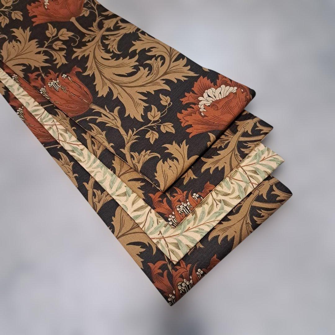 半幅帯　長尺　ウィリアムモリス　アネモネ　赤茶　×ウィローボゥ　リバーシブル