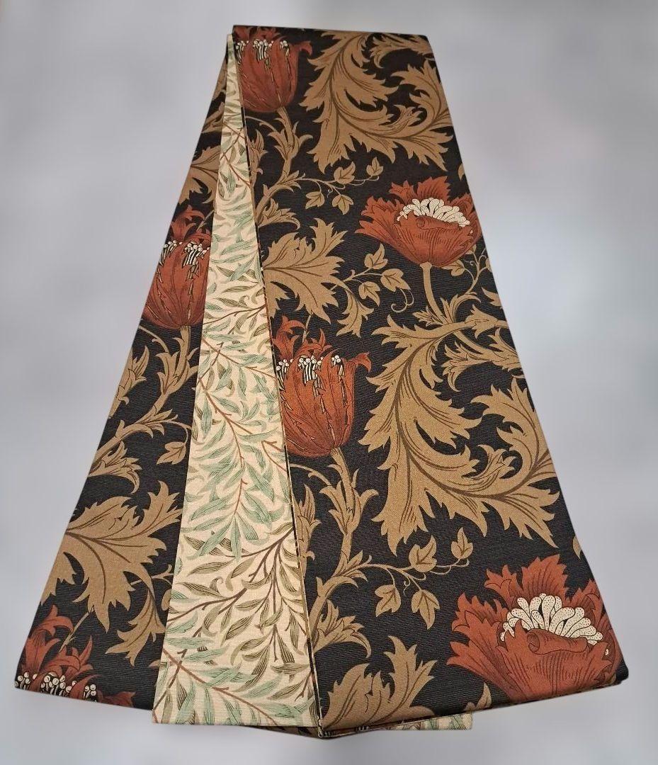 半幅帯　長尺　ウィリアムモリス　アネモネ　赤茶　×ウィローボゥ　リバーシブル